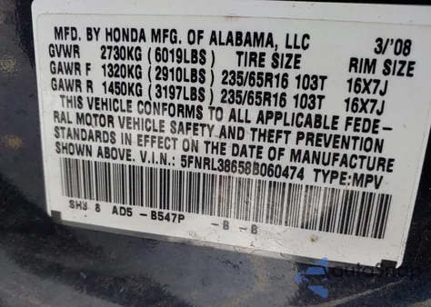 2008 Honda Odyssey Ex-L z USA, uszkodzony, nr VIN 5FNRL38658B060474